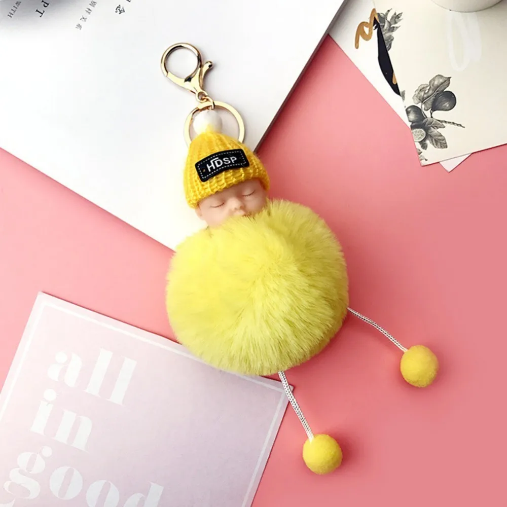New Cute Sleeping Baby Doll Keychain Pompom Rabbit Fur Ball Key Chain Car Keyring Women Holder Bag Pendant Charm Accessory | Дом и сад