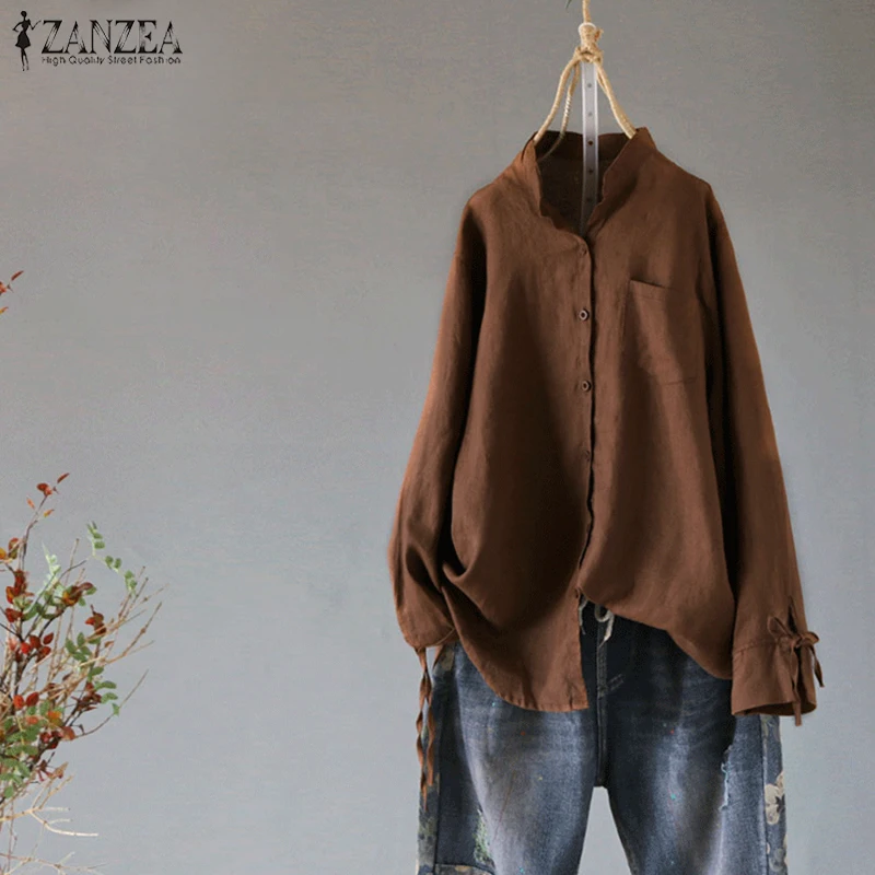 

ZANZEA Women Retro Cotton Blouse Spring Stand Collar Long Sleeve Buttons Shirt Casual Autumn Bow Tie Top Femme Tunic Blusas