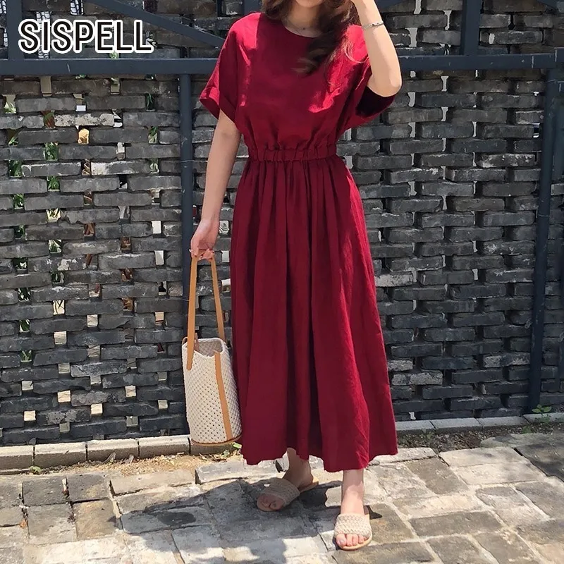 SISPELL летние однотонные Винтаж платье для Для женщин с круглым вырезом короткий