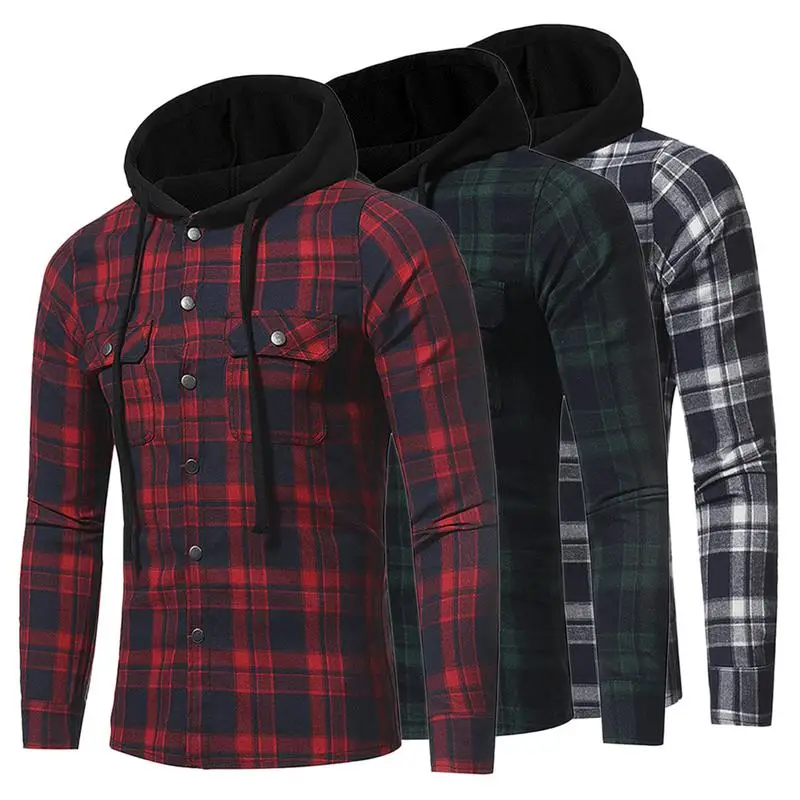 High Quality Leisure Men's Flannel Plaid Hooded Shirt Long-sleeved Double Pockets Casual Checked Pattern Red Green Navy Blue | Мужская