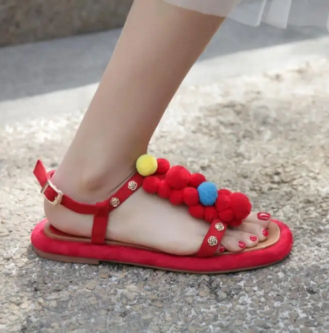 

Sestito Girls Sweety Multi Color Fur Ball Embellished Buckle Strap Summer Gladiator Sandals Ladies Peep Toe Flat Casual Sandals