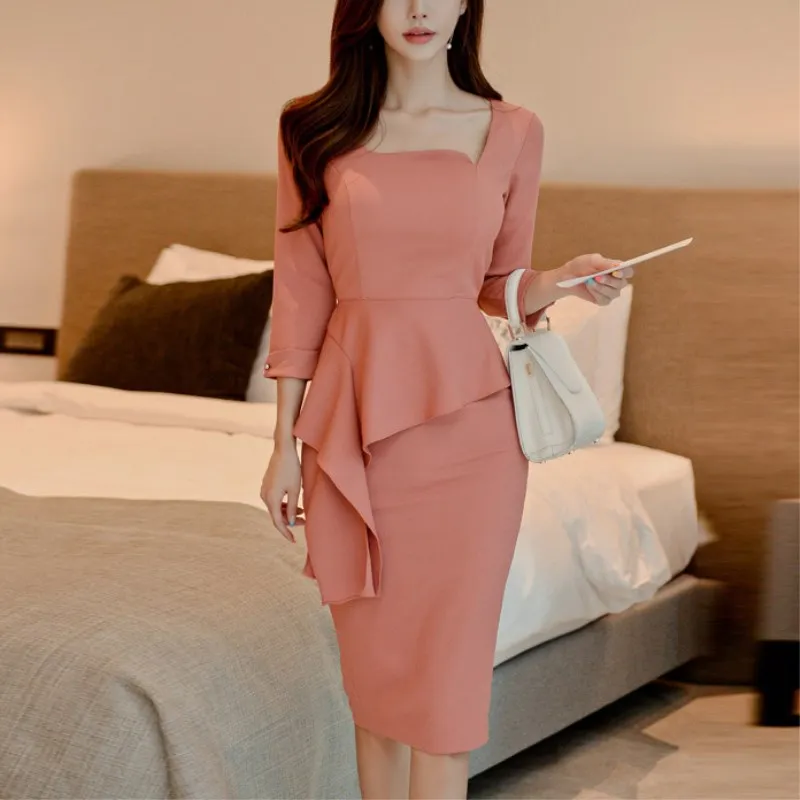 Весенние новые женские элегантные розовые облегающие платья с квадратным