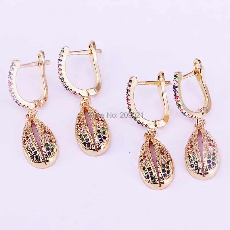

5Pair 2019 summer new arrived jewelry Gold colors micro pave rainbow cubic zirconia sea shell dangle charm earring