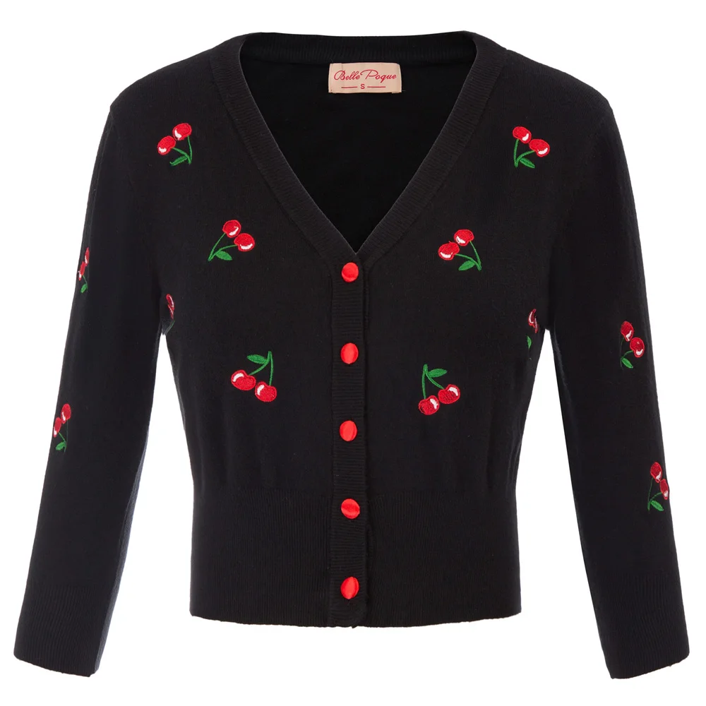 

Belle Poque Sweater Women Cherries Embroidery Tops Ladies Casual 3/4 Sleeve V-Neck Cropped Knitting Coat Knitwear Soft Jumper