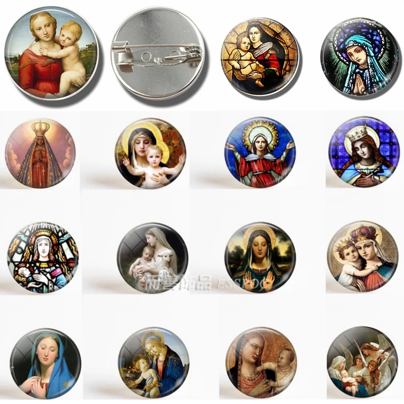 

Virgin Mary and Baby Jesus Christian Catholicism Brooch Glass Cabochon Dome Jewelry Fashion Women Men Accessories Gift