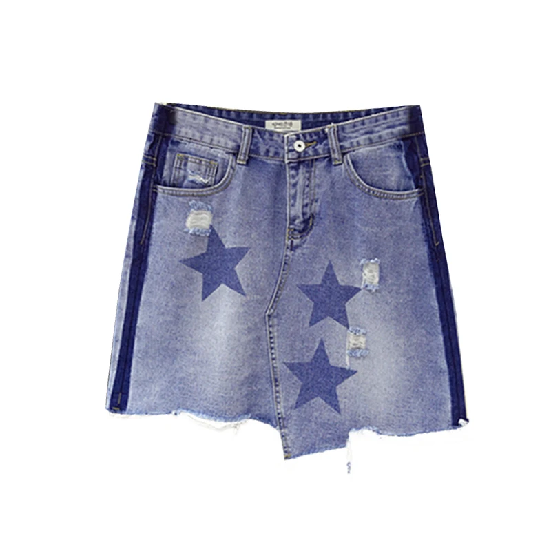 Женская джинсовая юбка со звездами трапециевидная мини длиной выше колена с карманами и дырками элегантный