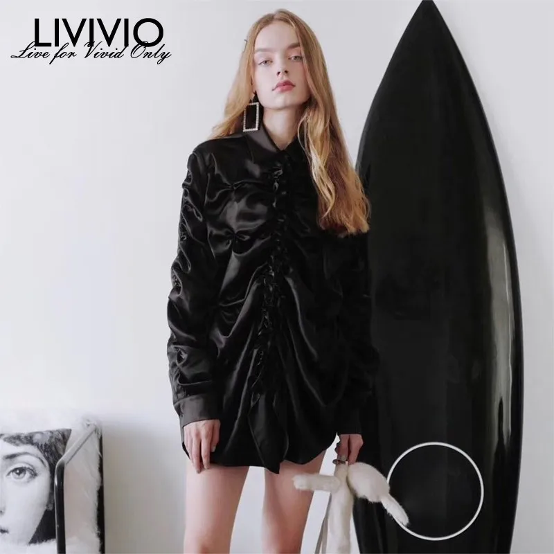 Женское мини платье с оборками [LIVIVIO] уличная Свободная рубашка длинными рукавами