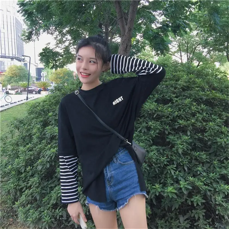 2019 Femme Осенняя женская одежда корейский стиль Harajuku принт полосатый пэчворк с