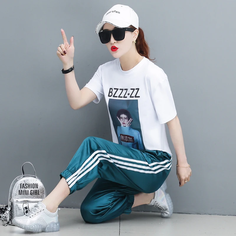 

Korean Fashion Leisure Suit New 2019 Summer Hip-Hop Loose Top Sweatshirt Green Pants Two-Piece Clothing Set Casual Vestidos