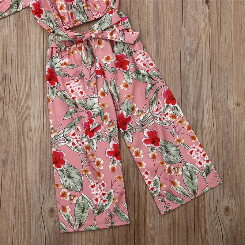 Fashion Kid Baby Girl Floral Clothes Sets Off Shoulder Short Sleeve Crop Tops Bow Wide Leg Pants 2Pcs Summer Outfits 18M-6Y | Мать и