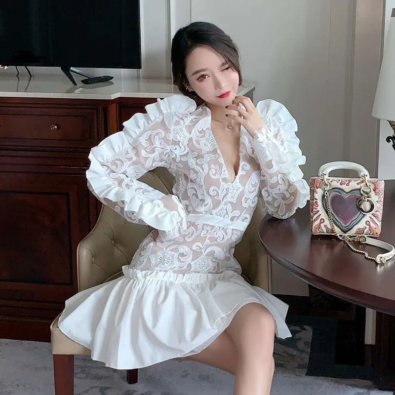 TWOTWINSTYLE 2019 Spring Dresses For Women V Neck Long Sleeve Patchwork Ruffle High Waist Elegant Party Dress Female Fashion | Женская