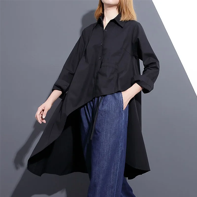 Long Women Fashion New 2019 Spring Turn-down Collar Full Sleeve Shirt Female Solid Color Irregular solid color Blouse