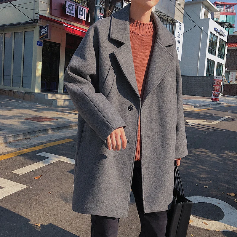 2018 Winter New Students Solid Color Casual Woolen Coat Men's Loose Korean Version Of The Gray / Black S-XL | Мужская одежда