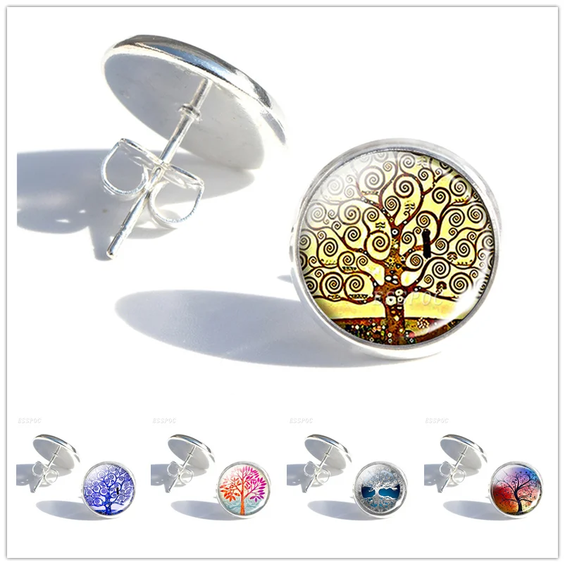 

Klimt Tree Of Life Glass Cabochon Stud Earrings Gustav Klimt Art Picture Life Tree Earrings Women Fashion Jewelry Gifts