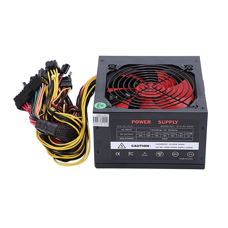 170-260 В макс 600 Вт источник питания Psu Pfc красный 12 см тихий вентилятор 24Pin 12В ПК