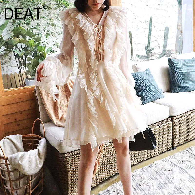 DEAT 2020 spring and summer fashion ruffles leaf flare sleeves bow collar sweet girl's dress V-neck sexy vacation WD57300L | Женская
