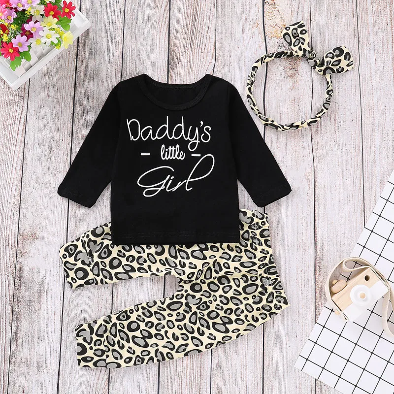 pudcoco Baby Girls Clothes set Cotton Newborn daddy letter T-shirt Top Leopard Pants bebe girl Outfits Clothing Sets | Мать и ребенок