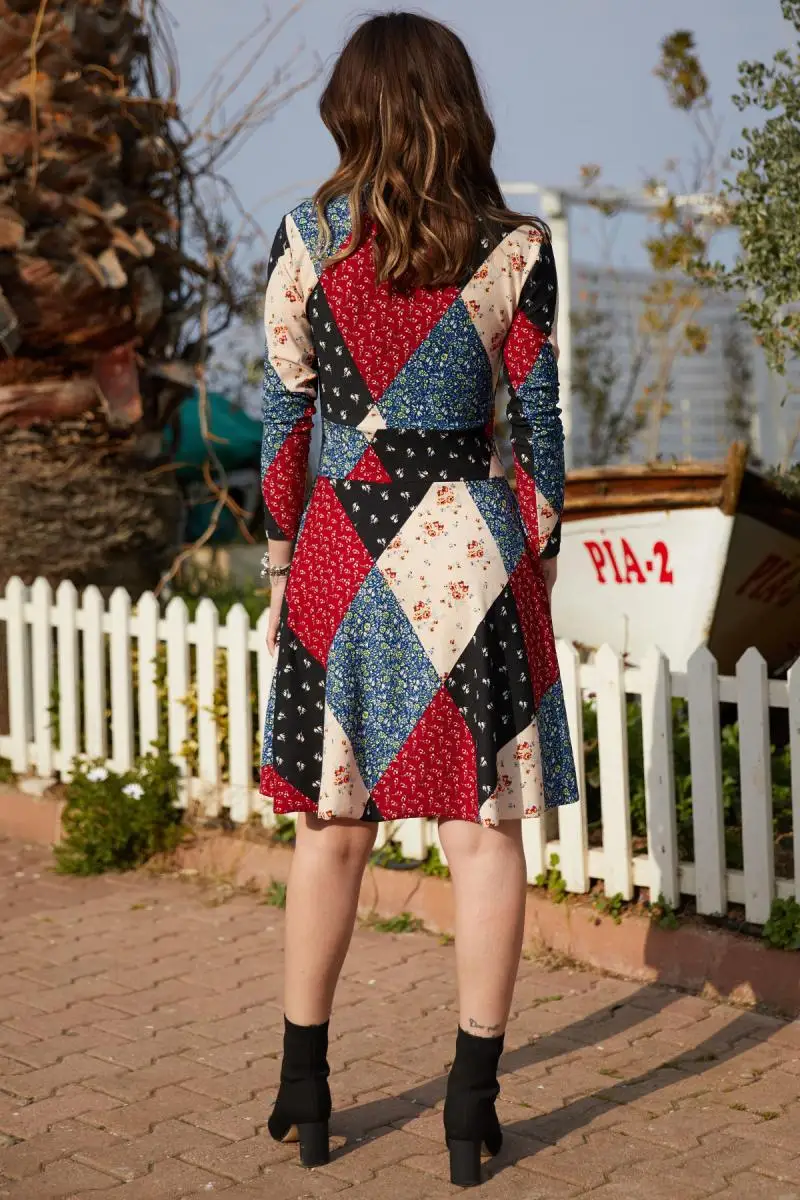 Женское двубортное платье с квадратным узором Xhan 9KXK6-40617-02 | Женская одежда