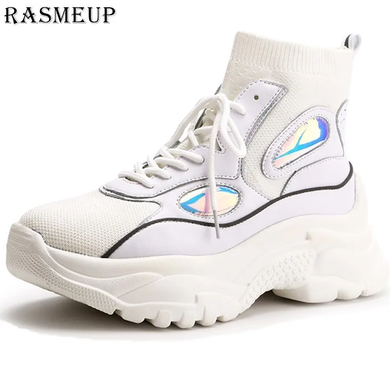 Женские кроссовки на высокой платформе RASMEUP весенние блестящие вязаные носки