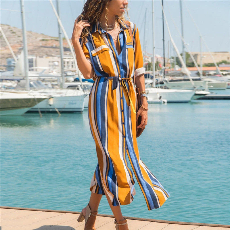 

Fashion Women Summer Short Sleeve Striped Dress Elegant Evening Party Club Sundress Ol office Lady Ladies Dress Streetwear