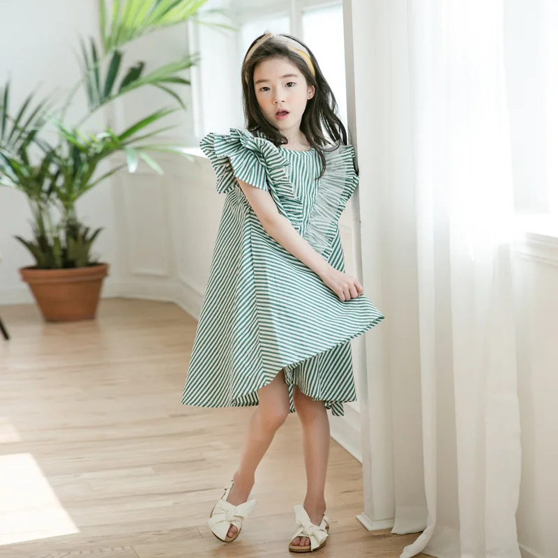 Summer Big Girls Ruffle Short Sleeve Loose Dress Stripe Cotton Fashion Kids Party costume 4-14 Yrs Teenager girl Princess Frocks | Детская