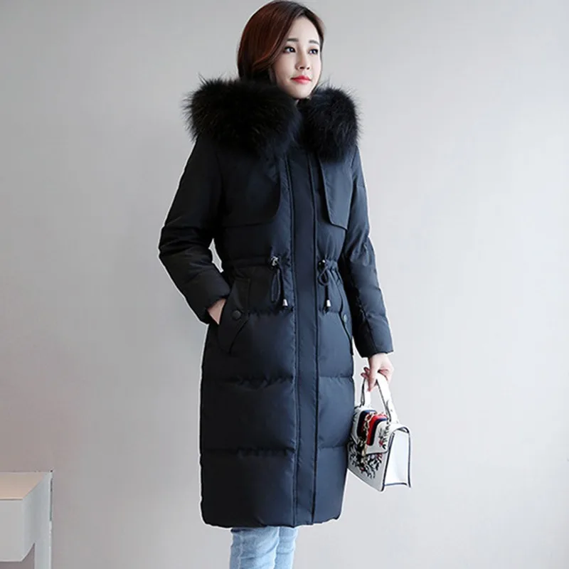 2018 New Winter Slim Down Jacket Long Section Drawstring Large Fur Collar Thick Warm Plus Size Feather Women Coat Female Ls246