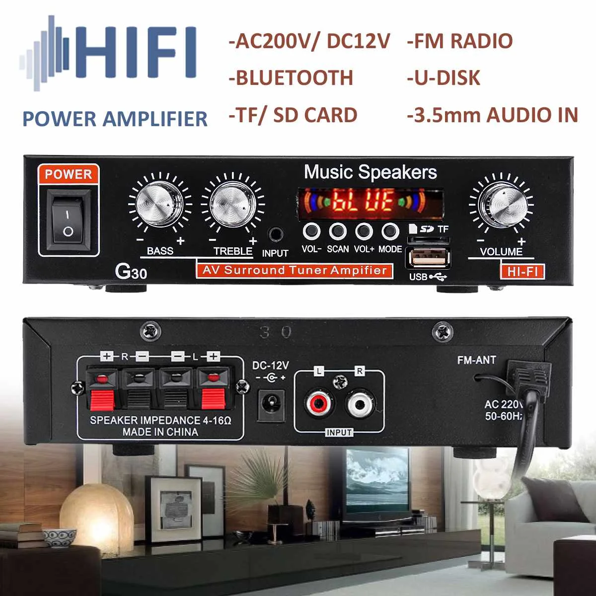 Универсальный автомобильный усилитель мощности G30 HIFI Bluetooth FM радио плеер