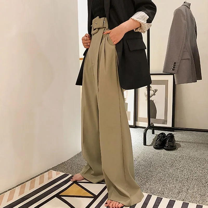 CHICEVER Casual Solid Trousers For Women High Waist Zipper Bandage Sashes Pockets Wide Leg Pants Female Summer Korean Fashion | Женская