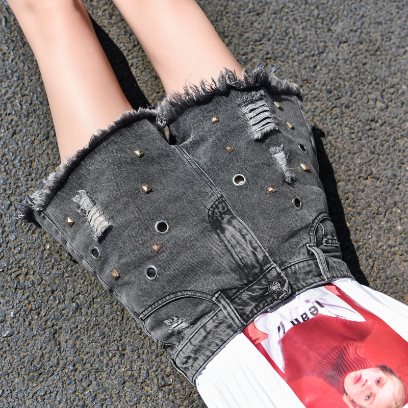 Женские джинсы с высокой талией дымчатые серые летние заклепками | Женская