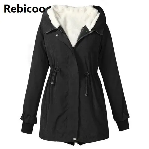

Black Cotton Coats Women Casual Hooded Jacket Coat Fashion Simple High Street Slim Winter Warm Thicken Basic Tops Female
