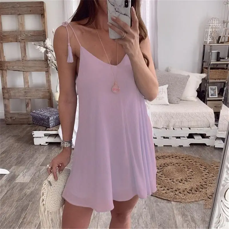 

2020 Summer New Hot Sexy Sleeveless Strap Backless V Neck Dress Loose Dresses Basic Solid Womens Clothing Big Size 5XL SJ2633C