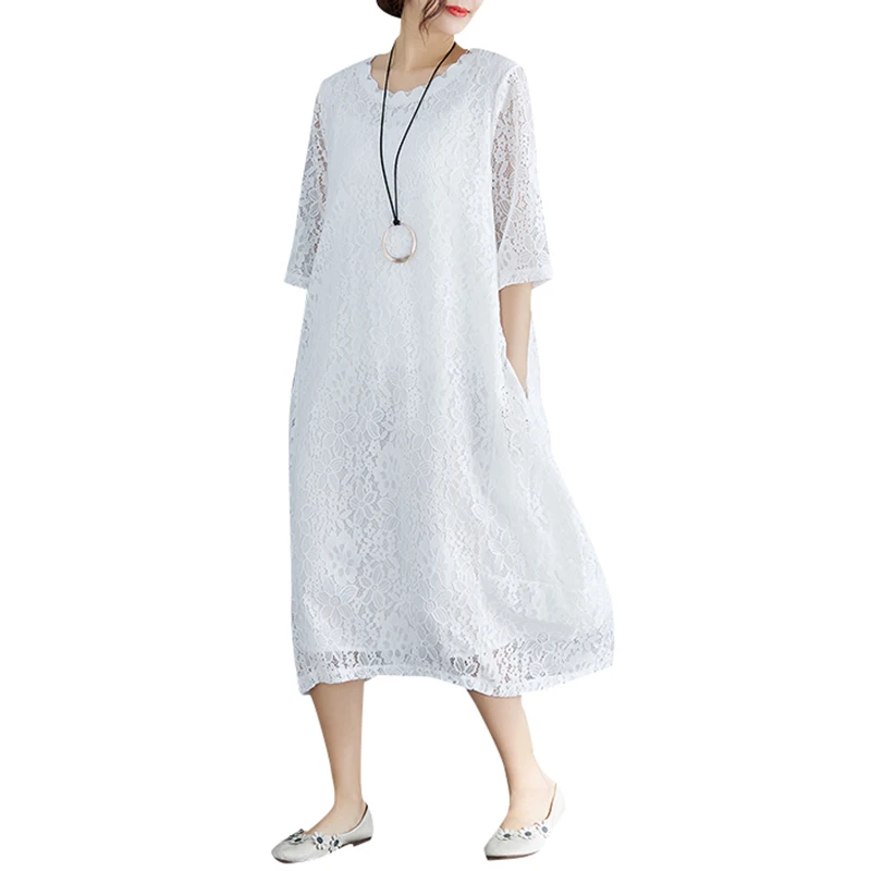 Винтажное женское свободное кружевное платье большого размера однотонное