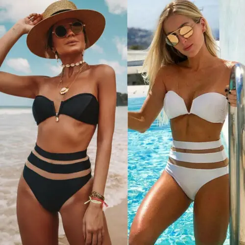 

Women Bandeau Bikini 2019 High Waist Mesh Patchwork Solid Swimsuit Brazilian Swimwear Beachwear Female Bathing Suit Biquini