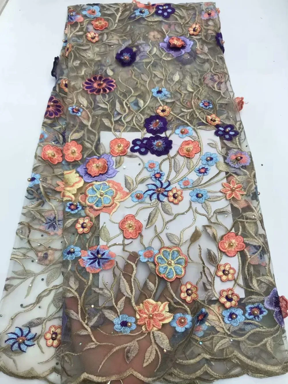 

African french tulle lace fabric with pearls 3D lace fabric 2019 high quality applique Nigerian lace fabrics for Christmas dress