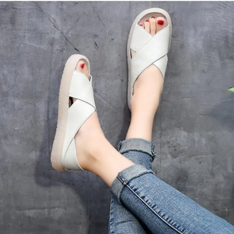 

Summer 2020 Women Sandals Soft Bottom Leather Handmade Ladies Shoes Slip On Flat Sandals 35-41 Support Drop Shopping
