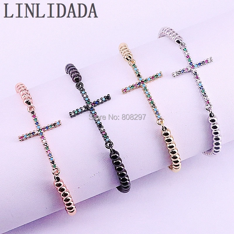 

10Pcs Rainbow CZ Micro Pave Cross With 4mm Round Copper Beads Braiding Macrame Adjustable Women Bracelet