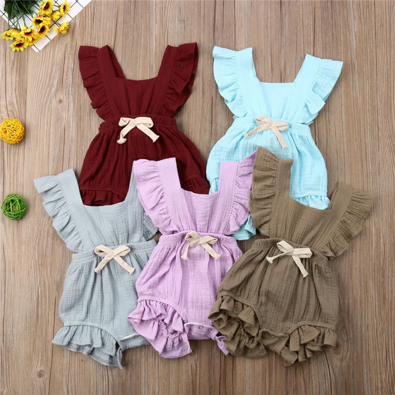 

0-24M Newborn Baby Girl Solid Color Summer Romper 2019 New Hot Sale Ruffles Romper Sleeveless Cotton&Linen Cute Jumpsuit Outfits