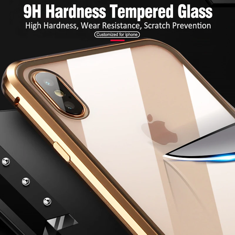 Двухсторонняя для стекла Магнитный чехол iphone X 10 XS Max XR Роскошный Металлический 360