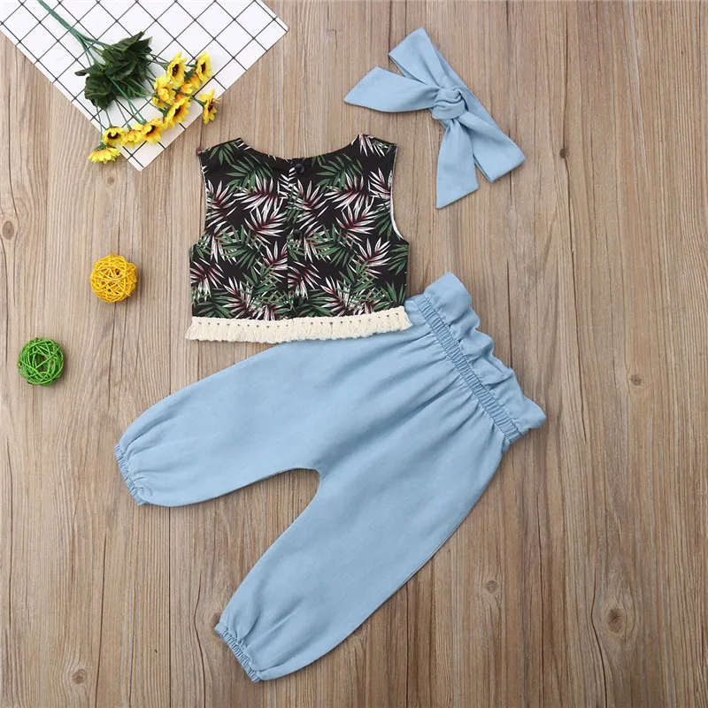 3Pcs Summer Clothes For Girls 2019 Fashion Toddler Kids Girl Sleeveless Vest Ruffle Crop Top+Bowknot Long Pants+Headband Outfit | Детская