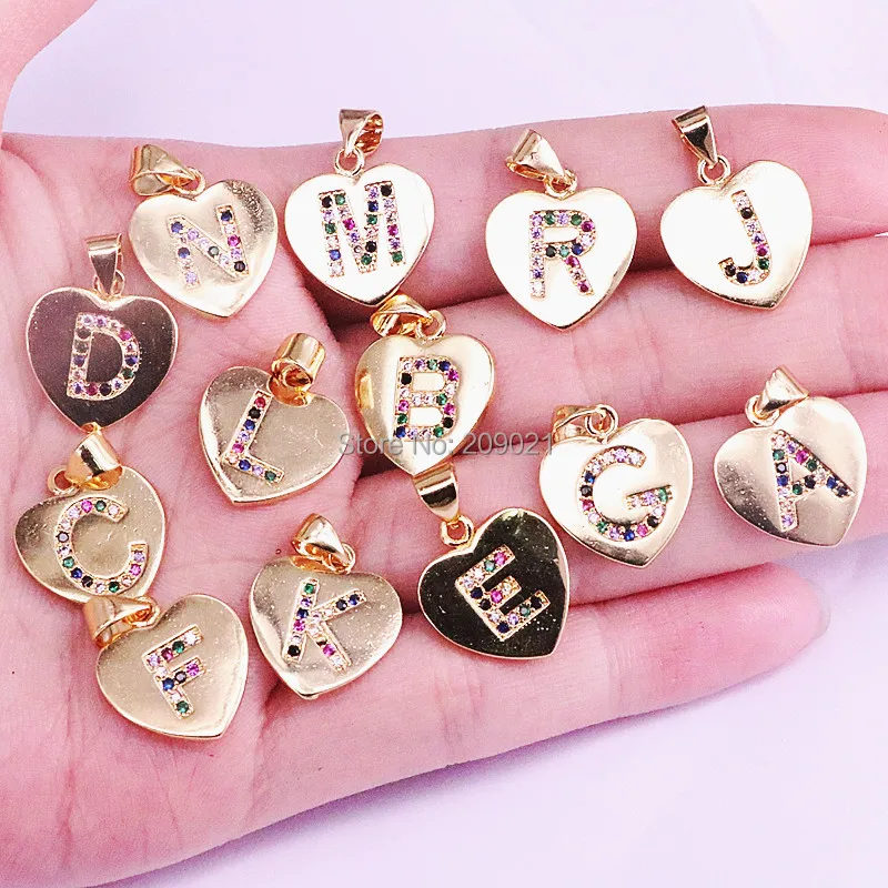 

10Pcs New Trendy Gold Color Rainbow Cubic Zirconia A to Z Initials Letter Heart Shape Pendant Charms Necklaces For Women Jewelry