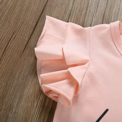 2PCS New Summer Kids Baby Girls Clothes Set Flying Ruffles Sleeve Top Cute Love Print T-Shirt +Plaid Shorts Princess Outfits | Мать и