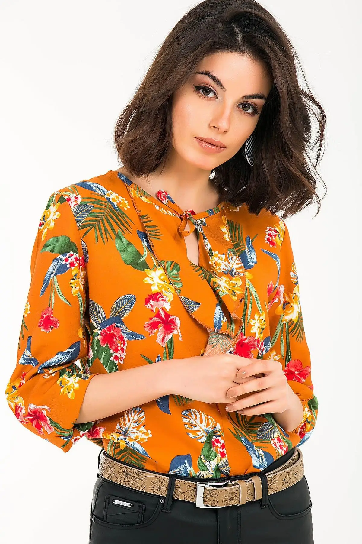 You Special Respect Women Brown Flower And Leaf Pattern Fronting Flounces Printed Viscose Blouse S-19Y1010027 |