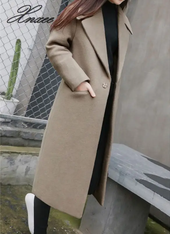 

Women'S Long Lapel Wool Blend Coat Thicken Loose Solid Color Dark Buckle Long Knee Coat Winter Large Size Wool Coat Female New