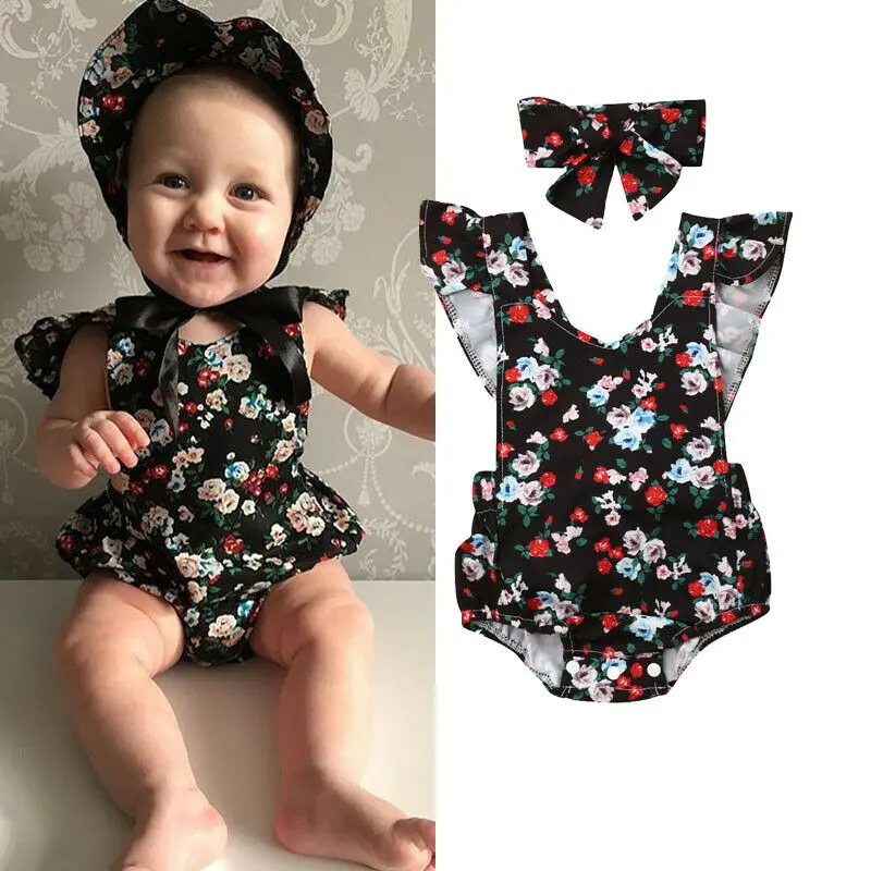 2019 Canis Summer Toddler Baby Girl Flower Bodysuit Headband Outfit Clothes Casual Sunsuit |