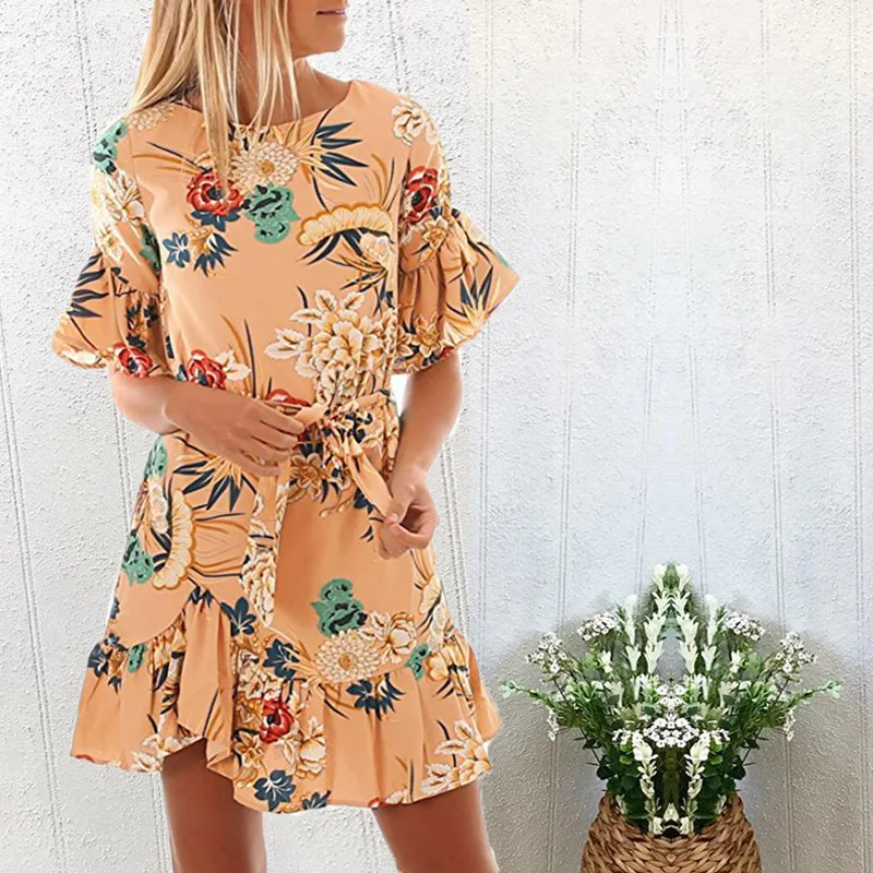 Женское платье с цветочным принтом коротким рукавом и круглым вырезом|Женские