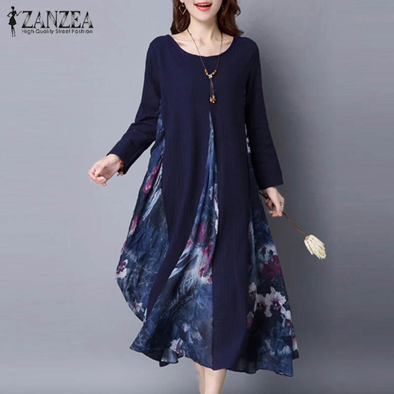 

2021 ZANZEA Spring Womens Floral Print Chiffon Splice Elegant Cotton Linen Long Sleeve Kaftan Party Long Dress Tunic M-