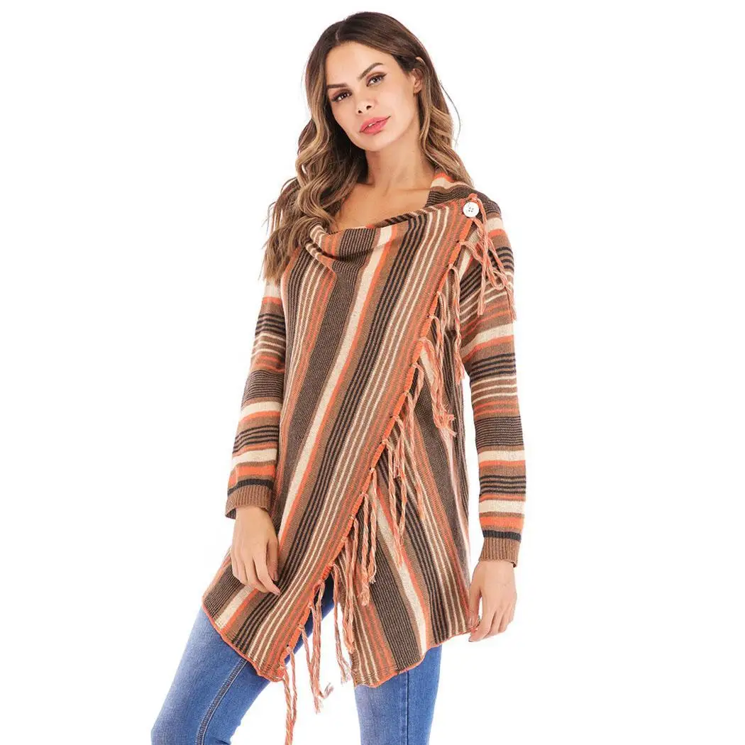New Fashion Women Casual V-neck Long Regular Fit Asymmetrical hem Sleeve Tassel Cardigan Prints |