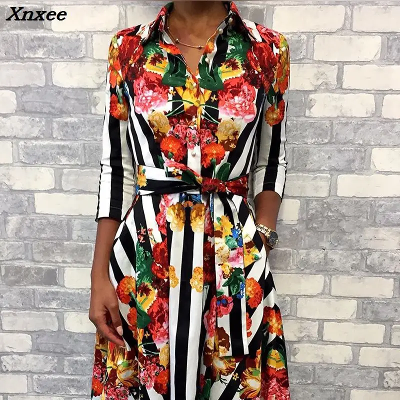 Summer Women Fashion Elegant Workwear Tunic Midi 2018 Casual Dress With Belt Floral Striped Multicolor Print Formal Shirt | Женская