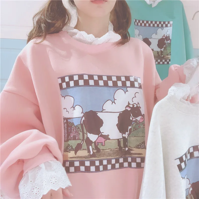 Kawaii/женские толстовки с кружевной вышивкой толстый бархат Корейская Мягкая