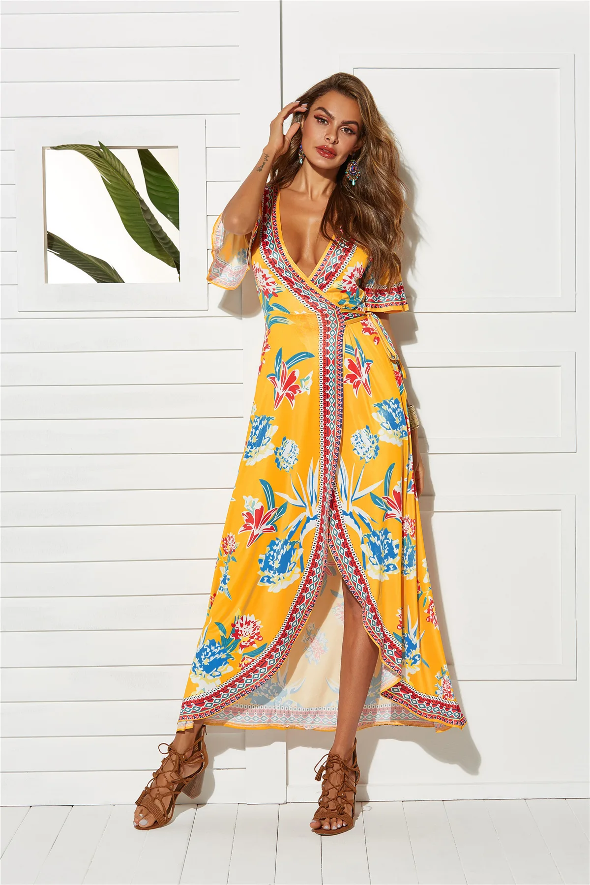 

2019 Summer Long Dress Short Sleeve Women Split Beach Dress Sexy V-neck Flower Printed Bandage Dress Vestido